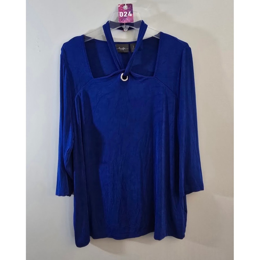 Chico's Travelers Womens Knit Top Blue Halter Keyhole Wrinkle Resistant Sz 2 (L)